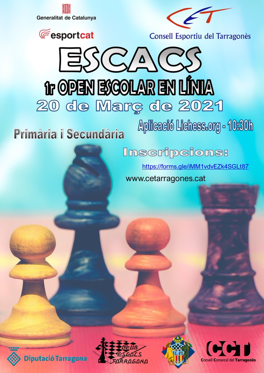 cetarragones's tweet photo. 📢 1r OPEN ESCOLAR D’ESCACS EN LÍNIA - CET

🗓Dissabte, 20 de març
🕓10.30h
📍https://t.co/dOnqw1QHlP

INSCRIPCIÓ: Gratuïta. Data límit: 17/03/2021. 
FORMULARI: https://t.co/3GOjgyS7Ni
ORGANITZA: CET i @escacstarragona

MÉS INFO: https://t.co/zlQ2x2CZTP 

#esportcat #escacs https://t.co/iPwTjdH350