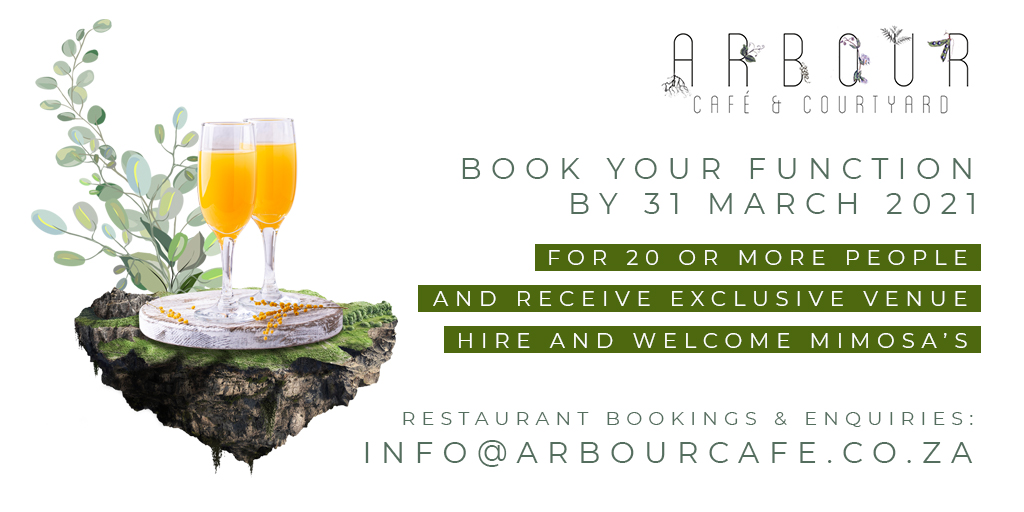 Book your private function before the end of the month for 20 or more people and receive complimentary venue hire and welcome mimosa's

Bookings &amp; enquiries contact us on info@arbourcafe.co.za or 010 753 2007

#ArbourCafe #ArbourFrunctions #PrivateFunction #VenueHire
