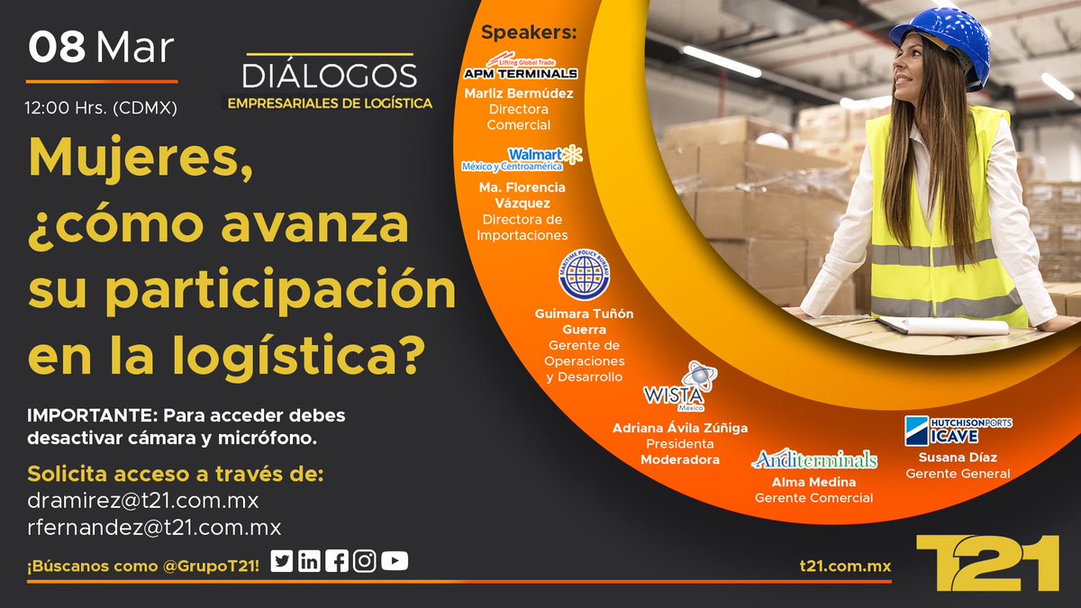 GrupoT21's tweet image. 📺 En el marco del #DíaInternacionalDeLaMujer, estaremos transmitiendo una edición más de Diálogos Empresariales de Logística, donde diferentes mujeres del sector nos compartirán sus experiencias. ¡Acompáñanos! 

#GrupoT21 #DELT21 #DiálogosEmpresariales 
@WalmartMXyCAM