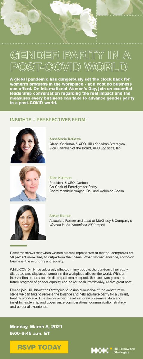 #ChooseToChallenge the disproportionate impact of the pandemic on women in the workplace - it can be reversed. Join <a href="/amdesalva/">AnnaMaria DeSalva</a> <a href="/EllenKullman/">Ellen J. Kullman</a> &amp; Ankur Kumar Mar.8 as they discuss measures businesses can take to advance gender parity post-COVID. #IWD2021
RSVP bit.ly/3rnsRju