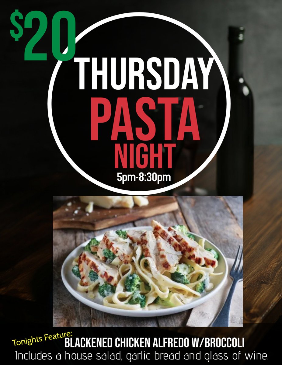 Enjoy Blackened Chicken Alfredo with Broccoli for Pasta Night tonight at EYC!  Serving 5pm-8:30pm  Includes a house salad, garlic bread and a glass of wine for $20.
