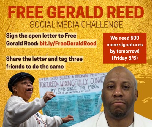📢Social Media Challenge📢
Gerald Reed’s case is on the Governor’s desk. We have been calling all week to demand he pardon Gerald. We need 500 more signatures on this letter by tomorrow! Sign, share, keep calling, and tag three friends to do the same! Bit.ly/FreeGeraldReed
