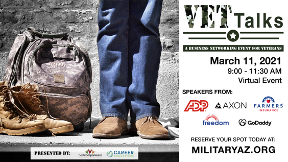 HeroZonaOrg's tweet photo. @BestCompaniesAZ &amp; @CareerConnected are hosting their 7th Annual Military networking and career virtual event on March 11th at 9am. This FREE hiring event will connect you with 20+ veteran committed, award-winning companies Find out more and RSVP today!
https://t.co/3j6RgT1Noz https://t.co/tEvlsmSwy0