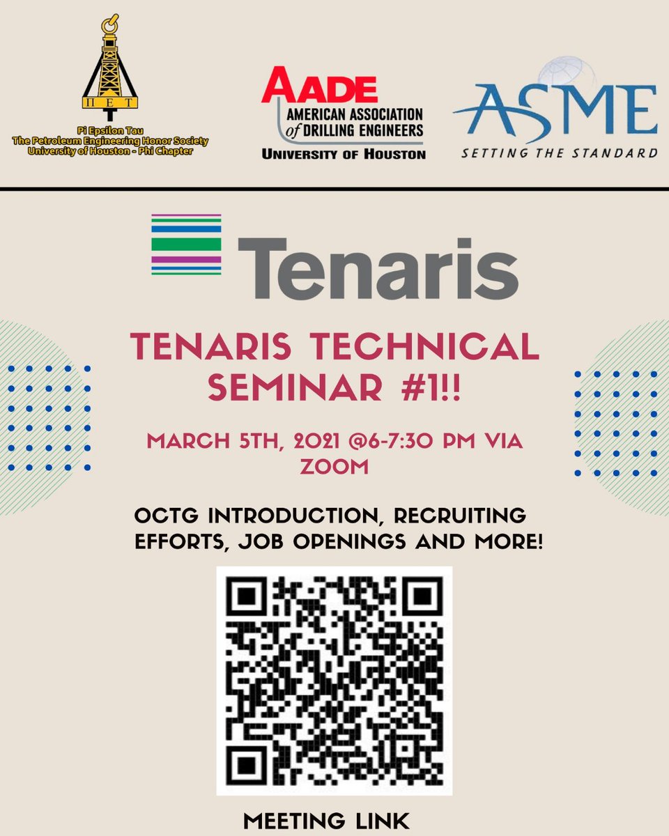 ASMEUH's tweet image. Join us with @PiET_UH and @aade_uh at our first Tenaris Technical Seminar! Our guest speakers will be discussing recruiting efforts,  job openings, and more! Join us this Friday from 6-7:30 PM. SIGN UP IN OUR BIO!!

@uhengineering #gocoogs #uhengineering #cullenengineering