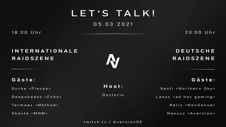 Morgen Abend um 18:00 heißt es wieder Let's Talk! Mit dabei sind deutsche Spieler aus Internationalen Topgilden und die Vertreter der besten deutschen Gilden. 

Wir sprechen über Castle Nathria, 9.0.5, die BlizzConline und spekulieren schon etwas in Richtung 9.1