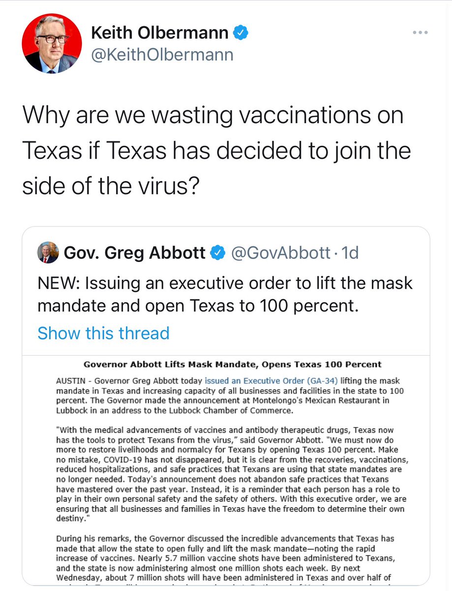 DanCrenshawTX's tweet photo. Note the hatred with which the left responds to a little freedom. They want to jail or fine you for not wearing a mask. When they can’t, they react this way. This isn’t sane.

BTW you can still wear masks in TX, most businesses require it. It’s just a choice now, as it should be. https://t.co/t8pYyPHvTN