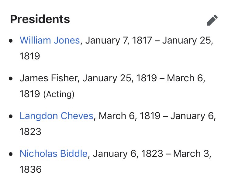 32/ So let’s look at the President of 2BUS!There were 3 (& 1 Acting); while I have no doubt they’d all be interesting, we’re looking into the Assassination Attempt on AJ, so we’ll focus onNicholas Biddle2BUS President for all of AJ’s Presidency (which was 1829-1837, FYI)
