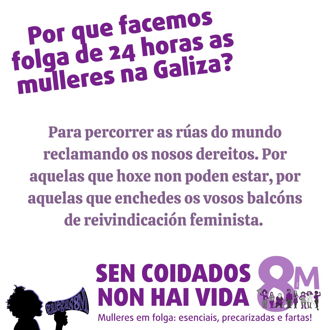 Galegas8M's tweet photo. O #8M2021 facemos visible o invisible, para iso saímos en toda Galiza respectando o protocolo de seguridade! Non faltan razóns, e ti por que fas folga?
#EsenciaisPrecarizadaseFartas  #8mFagoFolga #8mEuVou #8mGreveGeralFeminista #SenCoidadosNonHaiVida #MulleresCombatentes https://t.co/ddhNhHs27H