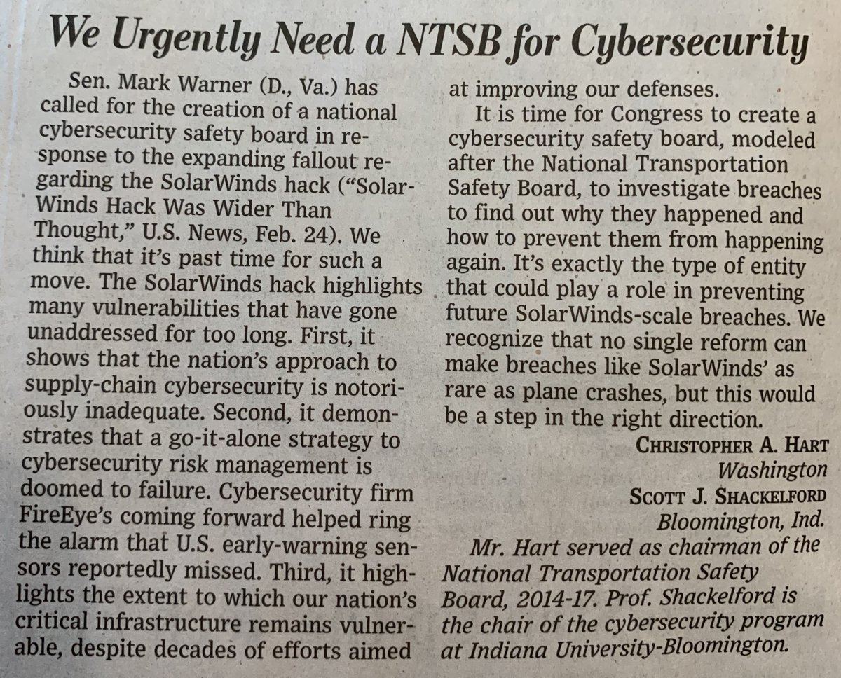 WeldPond's tweet photo. Former chairman of the NTSB calls for a Cyber NTSB. "...a go-it-alone strategy to cybersecurity risk management is doomed to failure."

Letter to editor WSJ, 3/3/21. https://t.co/deiWKA9J3m