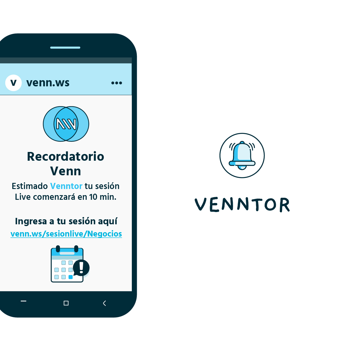 venntors's tweet photo. No más preocupaciones por la falta de organización al momento de enviar el link de la sesión a tus estudiantes, en Venn nos encargamos de mandar recordatorios automáticos previos a las sesiones, 24 horas antes y 10 minutos antes. https://t.co/hqkN685rDi