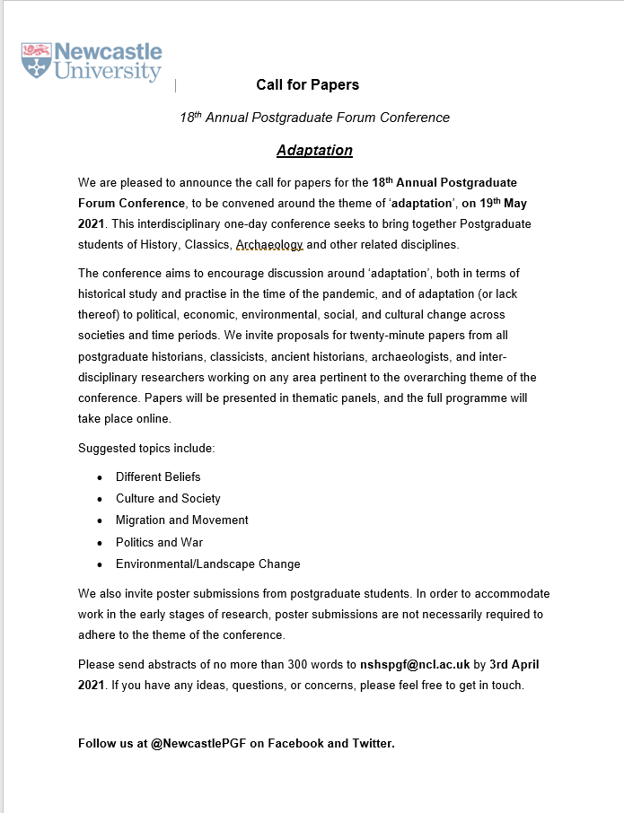 NewcastlePGF's tweet photo. 📢 Call for Papers! 📢

✨We are excited to announce the call for papers for the 18th PGF Conference on the 19th May 2021. The theme for this year's conference is 'Adaptation' ✨ 

📅 Deadline: 3 April 2021

Full details below 👇 https://t.co/KiXm3Qgu4n