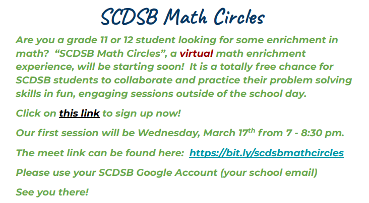 scdsbmath's tweet photo. Educators please let your grade 11 or 12 students know about this virtual math enrichment
opportunity. A chance for SCDSB students to collaborate &amp; practice their problem solving skills in fun, engaging sessions outside of the school day. @SCDSBProgram @SCDSB_Schools https://t.co/SXcGVVCq7L