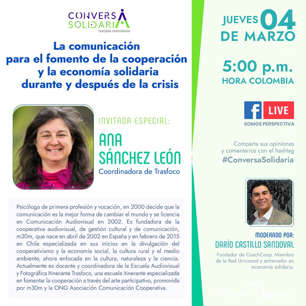 SoyPerspectiva's tweet photo. #Hoy en nuestra #ConversaSolidaria, tendremos como invitada especial a la psicóloga Ana Sánchez León y estaremos hablando acerca del papel de la comunicación para el fomento y la economía solidaria durante y después de la crisis. ¡Los esperamos! https://t.co/skp1Mvni2d