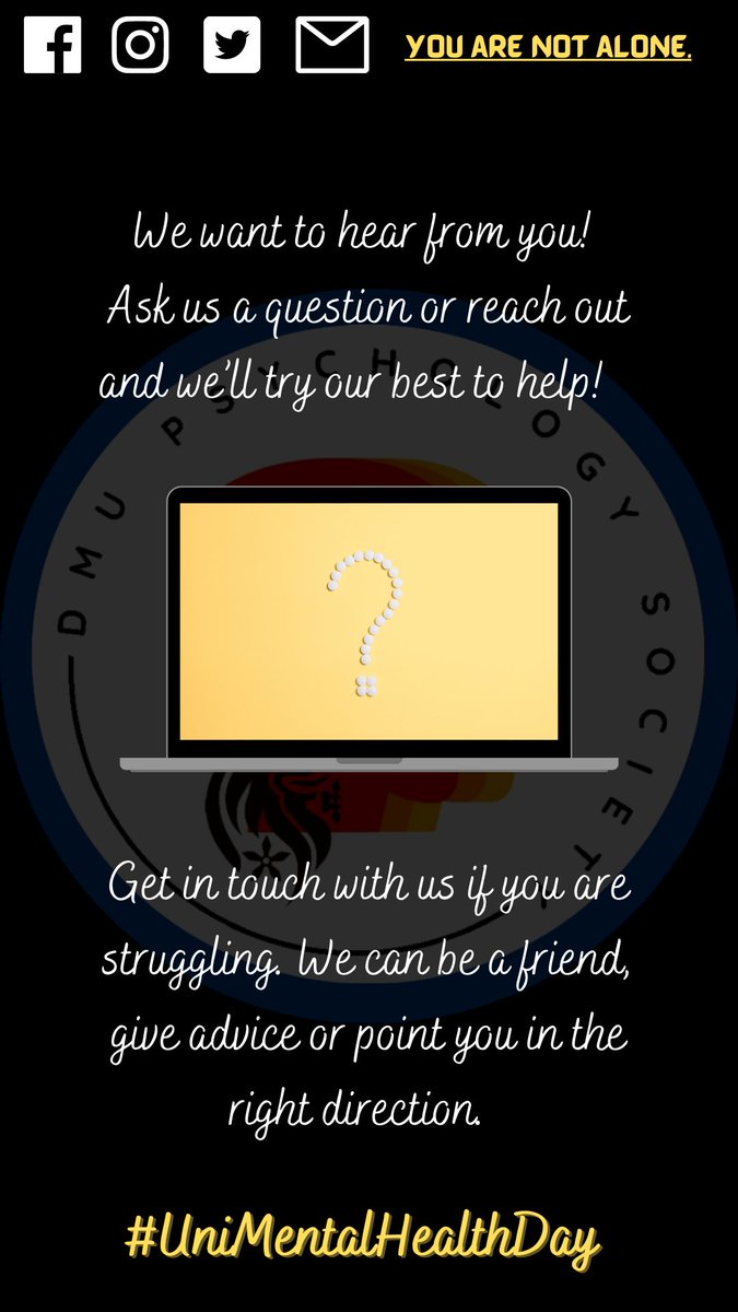 DMUpsychsoc's tweet image. It's #UniMentalHealthDay and we want to offer help, support and advice to you! 

We aren't professionals or counsellors, we can still help you! 

Get in contact! (We have dog videos at the ready 🐶)

@dmuleicester #studentsafetymatters