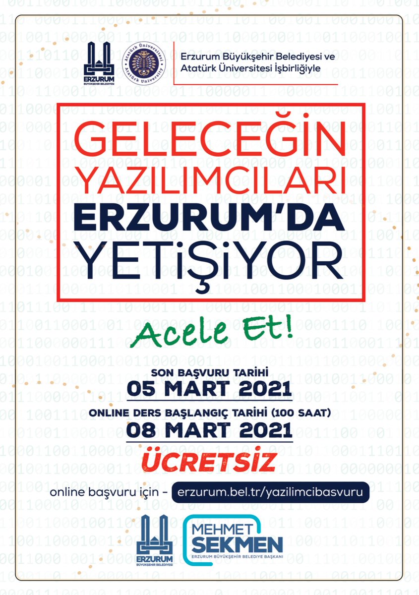 Erzurum Büyük Şehir Belediyesi ve Üniversitemiz işbirliği ile mobil uygulama geliştiriciliği ile ilgili 100 saatlik online eğitim başvurusu için son gün 5 Mart 2021...erzurum.bel.tr/yazilimcibasvu…