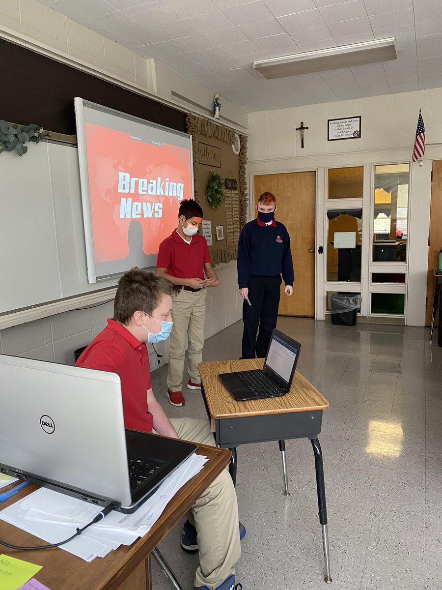 StAgnesRams's tweet photo. In Kansas History class, the 7th graders have been using their imaginations and practicing their broadcasting skills as they report “Breaking News” from the Kansas Territory. They worked in groups to create a script and backgrounds too! https://t.co/AUfG6UNs4p