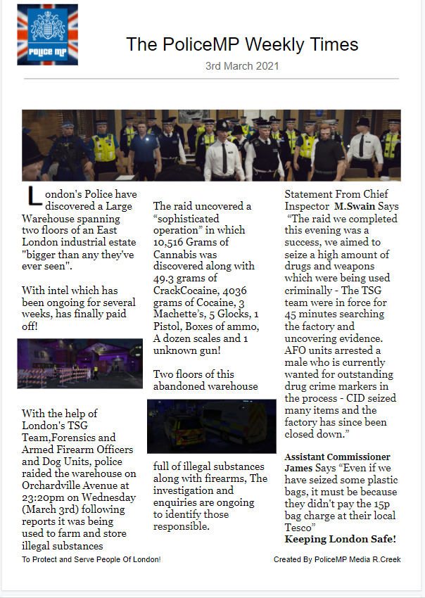 PoliceMP6's tweet photo. Our officers were involved in a heavy raid last night ! The result was a great one, a large quantity of drugs and weapons were seized and taken off our streets. 

Definitely a win win for everyone ! Well except for the criminals more of a lose lose.

#fivem #fivemRP #fictional https://t.co/qsjDEG84dv