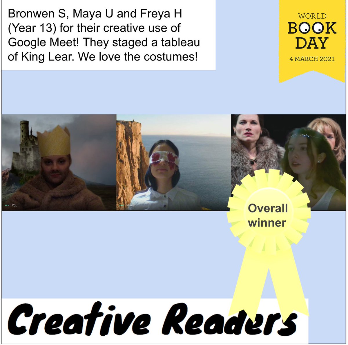 UckfieldCollege's tweet photo. Overrall winners of the Creative Readers competition are Bronwen S, Maya U and Freya H in Year 13! They created a tableau of Shakespeare’s ‘King Lear’. Amazing work girls! You’ll be receiving a £15 voucher
#creativereaders #studentsreading #andthewinneris #worldbookday2021 https://t.co/yBmtfGUIze