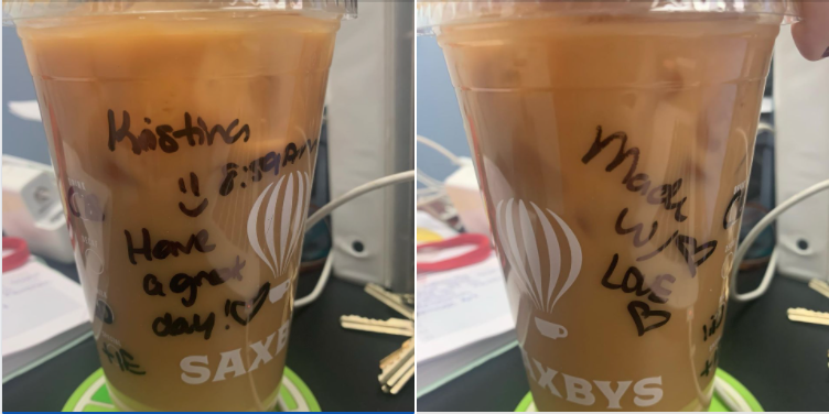 langboomerang90's tweet photo. I go to the Saxby’s on campus every day before work and the employees there are the SWEETEST. Sometimes they put fun stickers all over my cup. But anyway, just look at my cup today! 😭♥️ #saxbyscoffee #icedcoffee #goodmorning https://t.co/uSRzzIwGy3