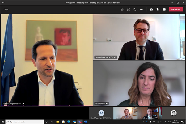 Kicking off virtual visit to 🇵🇹 discussing 🇪🇺 presidency w/ Digital Minister <a href="/AragAzevedo/">André Azevedo</a> &amp; <a href="/KlyngeC/">Casper Klynge</a>. 🇵🇹 shows bold leadership w/ balanced approach to Digi Sovereignty. Good exchanges on twin digi/green transition, Gaia-X &amp; joint statement w/ publishers on free press &amp; democracy.