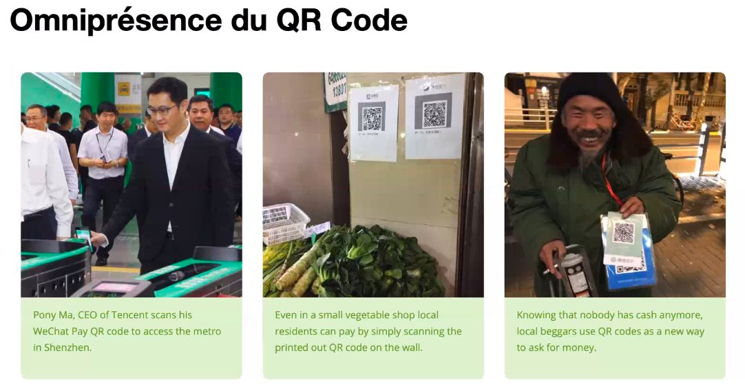 Le digital en Chine avec <a href="/xbrochart/">Xavier Brochart</a>  🇨🇳

Le QR code :

🇫🇷 Vient seulement de se développer un peu en France pendant la crise du COVID 19 

🇨🇳 Complètement intégré dans la vie quotidienne Chinoise

Exemples 👇 

#China #mbadmb #QRCode #transfonum