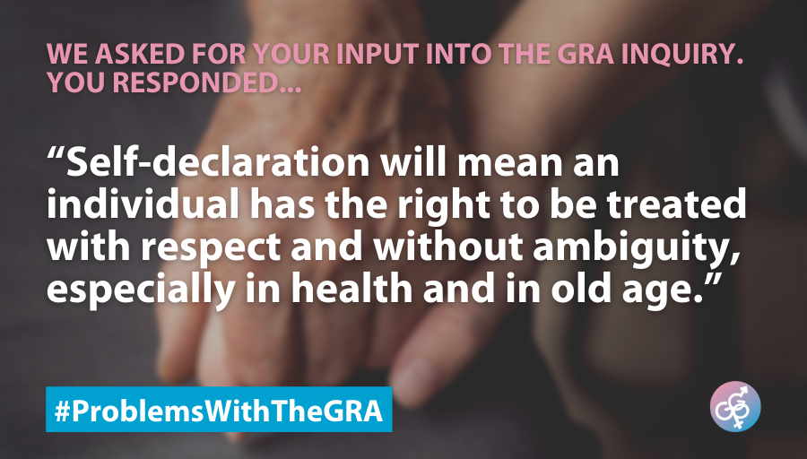 GenderGP's tweet photo. "Self-declaration will mean an individual has the right to be treated with respect and without ambiguity, especially in health and in old age." Read our submission to the Women and Equalities submission here, #ProblemsWithTheGRA #TransRightsAreHumanRights https://t.co/92934WaCLe https://t.co/ynlXjnfNEO
