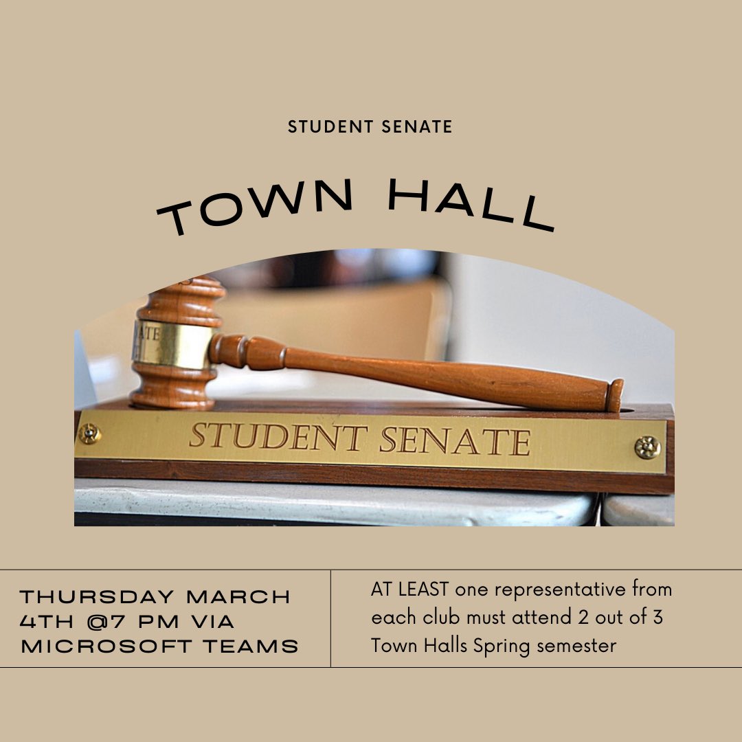 MU_Senate's tweet photo. ‼️TONIGHT‼️One of 3 Student Senate Town Halls will be tonight at 7. Find the link in your emails in the Student Digest. AT LEAST one representative from each club must attend TWO of three Town Halls this semester!! See you all tonight via Teams. https://t.co/92wtskQGrb