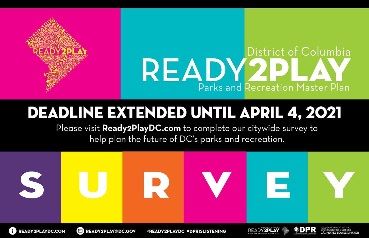 DCDPR's tweet image. We have extended our #Ready2PlayDC citywide survey! We want more input. Now is the time. The future of parks and recreation is in your hands.  Tell-a-Neighbor! 
ready2playdc.com/citywide-survey