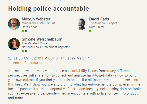MaryJoWebster's tweet photo. #NICAR21:  Join us at 11 CT for a live panel on using data to hold police accountable. @SimoneJWei , @eads and I have way too much information for you! https://t.co/ewx8BxU25k