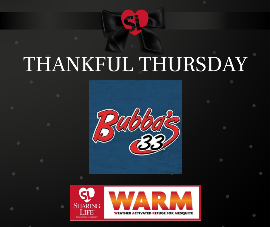 SharingLifeTx's tweet photo. Thank you Bubba's 33- Mesquite, TX for providing 80 meals for our WARM guests.  A hot meal was such a blessing!  We are thankful for your support of the mission of Sharing Life.  

#SharingLifeTX #ThankfulThursday #Bubbas33 #ThankYou https://t.co/HIsaCbcQs5