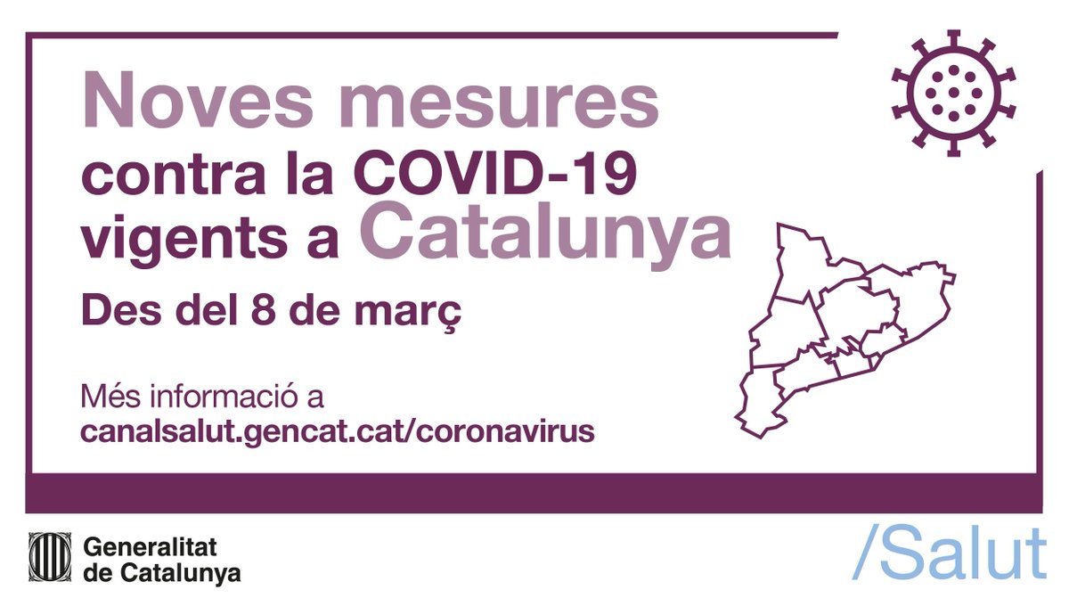 📢 Noves mesures per a la contenció de la COVID-19 aplicables a tot Catalunya a partir del 8 de març:

Els canvis afecten:

🍽 Hosteleria
🏀 Esport
👩‍🏫 Educació

Trobareu més informació a 👉🏼 ow.ly/klRu50DPSP6