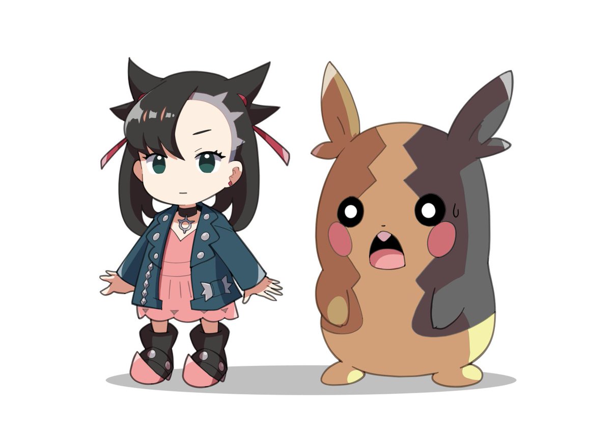 marnie (pokemon) ,morpeko ,morpeko (full) 1girl pokemon (creature) dress pink dress jacket black hair asymmetrical bangs  illustration images