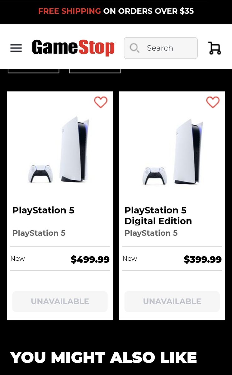 Missy10781's tweet photo. @mattswider Is Gamestop restocking soon? Usually when I click the link it says "We're sorry, the page you're looking for...", but now it shows the PS 5 unavailable. https://t.co/xoBH4tQNog