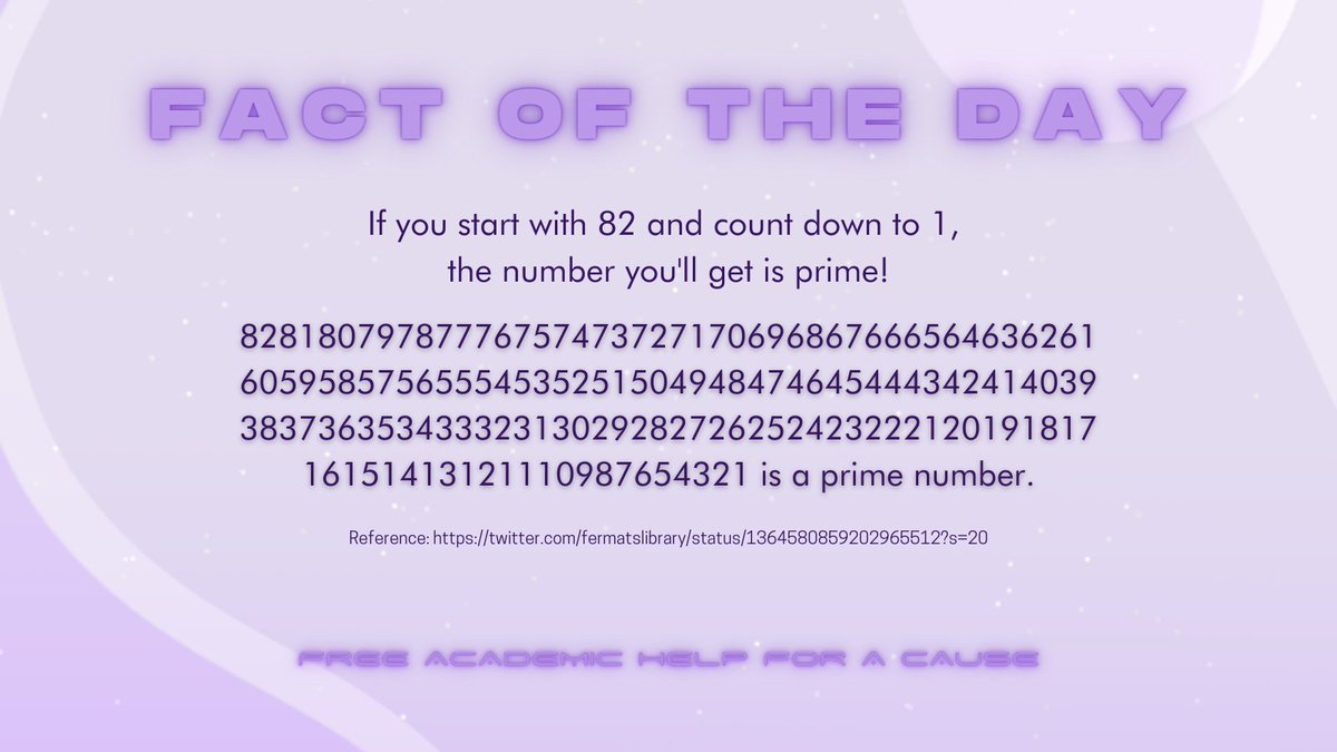 FreeAcadHelpPH's tweet photo. Did you know? 

If you start with 82 and count down to 1, the number you'll get is prime!

Layout by: Gianna Santiago

#FunFAHC
#FactOfTheDay
#FreeAcadHelpPH
#FAHC https://t.co/9Uenuew5bs
