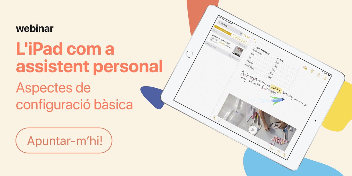 El proper 📅 11 de març a les 18.30h t’esperem al webinar “ L’iPad com a assistent personal”

Volem ajudar als docents a augmentar la seva competència digital i d’aquesta manera, la seva productivitat.

T’hi apuntes? 🤔👉 bit.ly/3e5vbYx

#AppleEdu #iPad #PrimersPassos