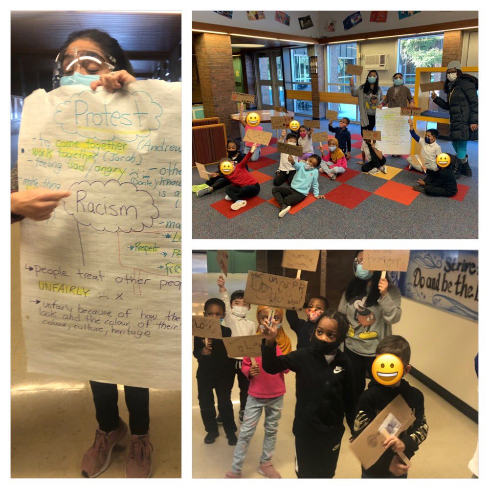 SharmaTDSB's tweet photo. Our Kinder’s learned about 2 big words,’Racism and Protest .’ We then decided to demonstrate our own peaceful protest . @ShorehamPSW @DarleneJones96 @LC2_TDSB https://t.co/ogKot5AZYJ