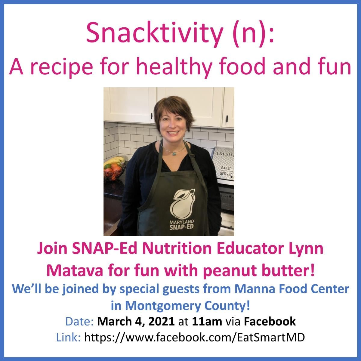 Don't miss our Facebook Live TODAY at 11:00am on facebook.com/EatSmartMD. We will be making "snacktivities" with peanut butter along with our friends from <a href="/MannaFoodCenter/">Manna Food Center</a>! #mdsnaped #eatsmartrecipe #snacktvities #peanutbutter <a href="/eathealthy_MCPS/">Division of Food and Nutrition Services MCPSmd</a>