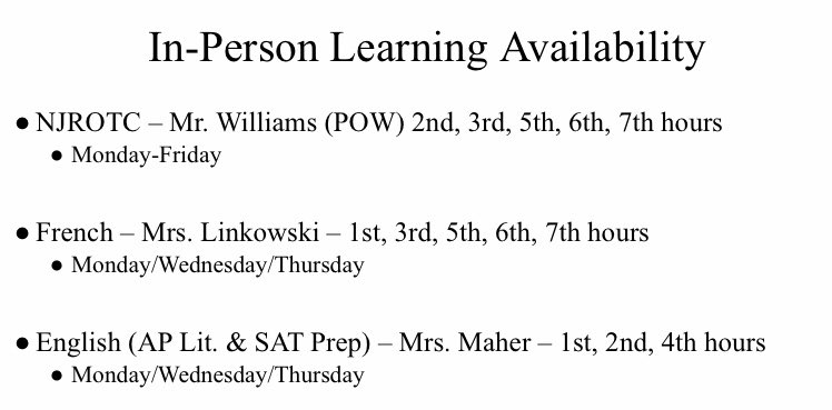 The option for in-person learning at BCHS starts Monday 3/8! If you opt for in-person, these 3 teachers will be teaching their classes face-to-face on the listed days. Teachers not listed continue to provide virtual instruction, so you will attend class in the Learning Center.