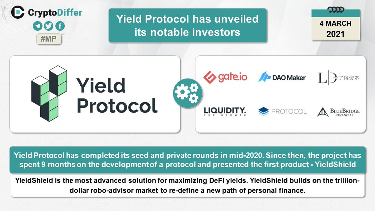 ❗️<a href="/Yield_Protocol/">Yield Protocol</a> has unveiled its notable investors

Yield Protocol has completed its seed and private rounds in mid-2020. Since then, the project has spent 9 months on the development of a protocol and presented the first product - <a href="/Yield_Shield/">YieldShield</a>

👉 x.com/yield_protocol…