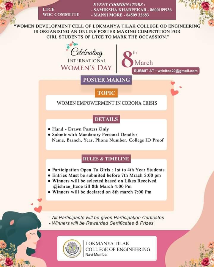 LTCE_Official's tweet photo. Women Development Cell organises a Poster Making Competition for Female Students of LTCE to mark the occasion.
Topic for Poster Making - "Women Empowerment in Corona Crisis"
#wdc #WomensDay #Participate #engineering #womensdevelopmentcell https://t.co/uKO1ZTFeIo