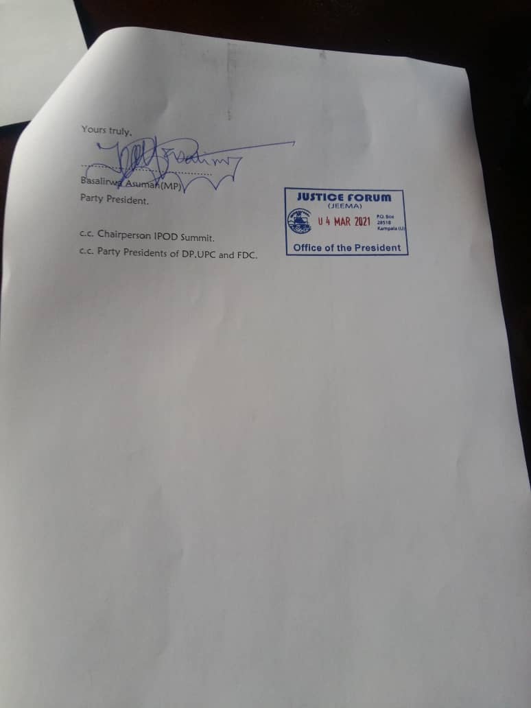 observerug's tweet photo. Justice Forum (JEEMA) joins Forum for Democratic Change (FDC) in boycotting tomorrow's InterParty Organisation for Dialogue (IPOD) summit citing "limited time to exhaustively consider and take positions on the agenda items." President Museveni is set to chair the summit https://t.co/9rypJ0aZ6x
