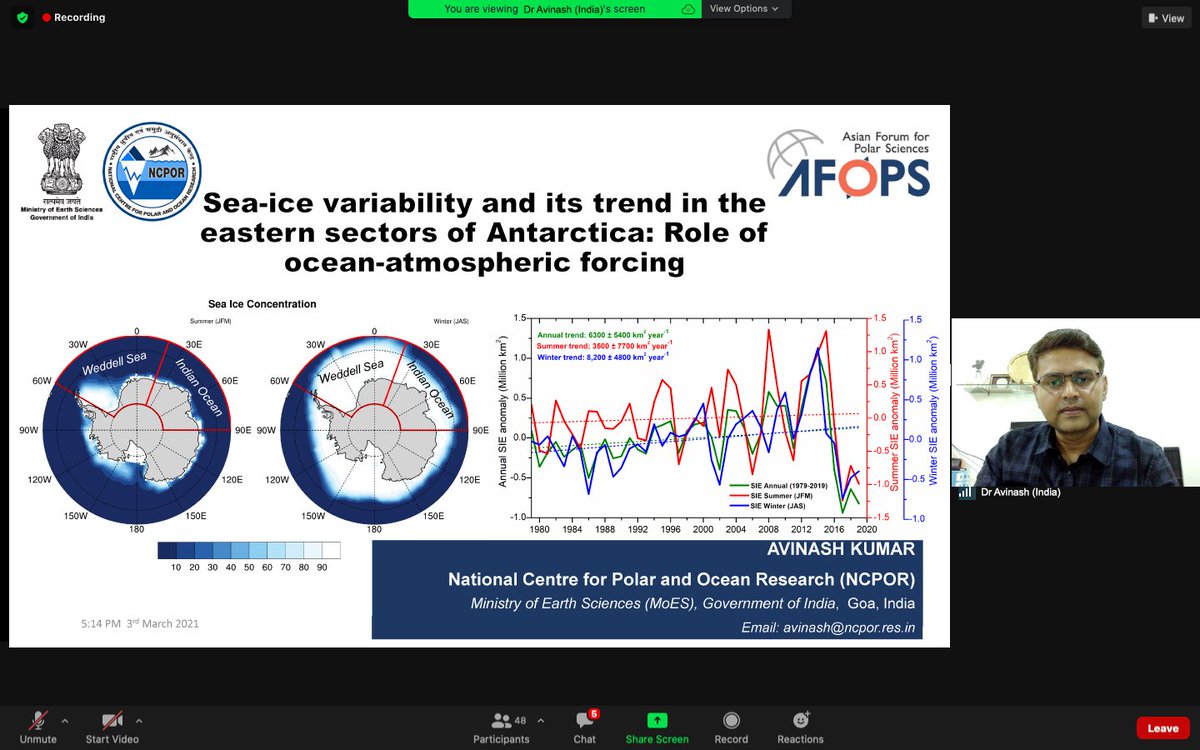 ncaor_goa's tweet photo. #AFOPS Science Symposium 'Scientific projects for future collaborations' was held on 03.03.2021 Dr. Avinash made a presentation entitled "Sea-ice variability and its trend in the eastern sectors of Antarctica: Role of ocean-atmospheric forcing"

@moesgoi @kumaravinash13 https://t.co/3e8jT7MhcG