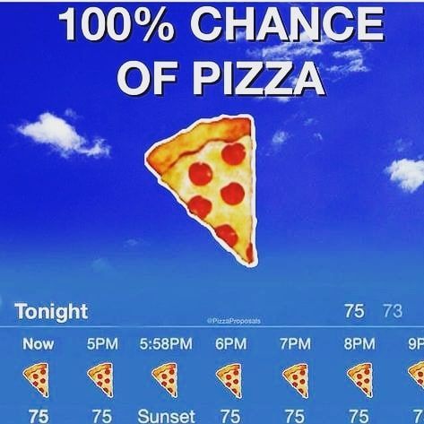 Yep, there is always a 💯 percent chance of pizza 🍕 with us! Really good pizza, too! Come on in today and try one, and we'll also give you $10 off every bottle of wine too! #Lifehappenspizzahelps