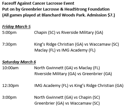 ghsmenslax's tweet photo. This weekend is the first annual #faceoffagainstcancer at Blanchard Woods Park in Evans, GA. See pic below for game schedule.
@_Zone706 @WJBFSports @AUG_Chronicle @USLacrosse @GaLaxFoundation @HEADstrongFnd 

Event info
https://t.co/mvdZiJ2GiU https://t.co/YPg1xsETxo