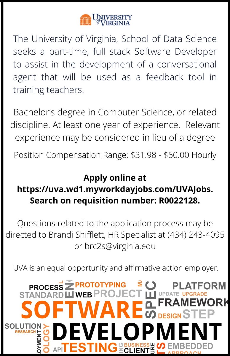 The School of Data Science seeks a part-time, full stack Software Developer.