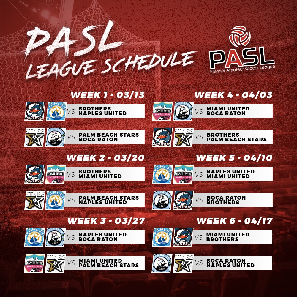 PASLofficial's tweet photo. We have a Spring Schedule! 
#PASLSoccer Action kicks off March 13 in Naples with @palmbeachstars facing @BocaRatonFC and @NaplesUnitedFC hosting @BrothersFlorida . Both matches will take place at Paradise Sports Complex in Naples. @miamiunitedfc will make league debut March 20. https://t.co/TEZg5V8NZM