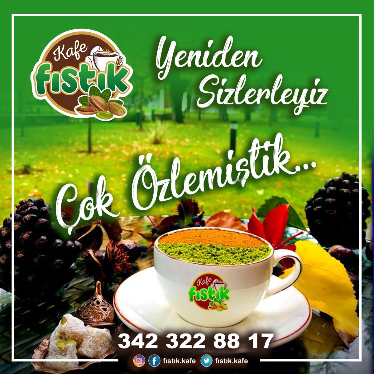 Sizleri çok özlemiştik... Yüksek hijyen standartlarıyla mis gibi doğanın ortasında Fıstık Kafe, yeniden Gazianteplilerin hizmetinde.🌿🍰🌳☕🍂🧋

📍(Fıstık park içi )Binevler üniversite bulvarı No:14
<a href="/Gasmekgaziantep/">GASMEK Gaziantep</a> 
<a href="/MABDULLAHAKSOY/">Dr. M.ABDULLAH AKSOY</a>