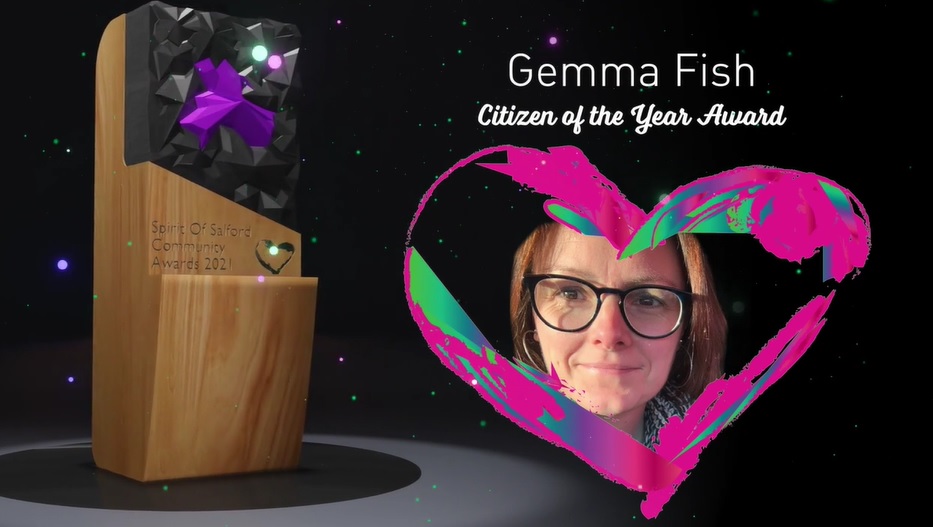 The winner of the Citizen of the Year Award 2021 is… 🏆 Gemma Fish Many congratulations Gemma, thank you for all your amazing work! #SpiritOfSalford #SalfordHero