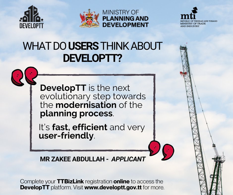 PlanningTT's tweet photo. Have you used the DevelopTT platform yet?
Here's what one of our users had to say about the TCPD's digital planning approval system.⬇️
Remember to visit https://t.co/F5HFa8KVpx to get your registration done online! 
#developtt #tcpd #EaseOfDoingBusiness #Vision2030 #userfeedback https://t.co/EfCNEADqS8