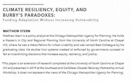 DCRPcarolina's tweet photo. Hazards in the Southeastern U.S. (@CPJ_UNC Vol 45) @tallishmatt (MCRP ‘19) considers the equitability and effectiveness of popular mechanisms to finance #ClimateChangeAdaption, and presents a new finance tool that aims to maximize equity: https://t.co/6229smptM2 https://t.co/JpDPyKltmB